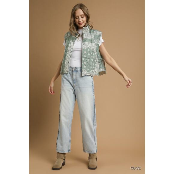 Umgee Bandana Print Side Pockets Snap Button Quilted Puffer Vest Jacket | Olive - Picture 5 of 6